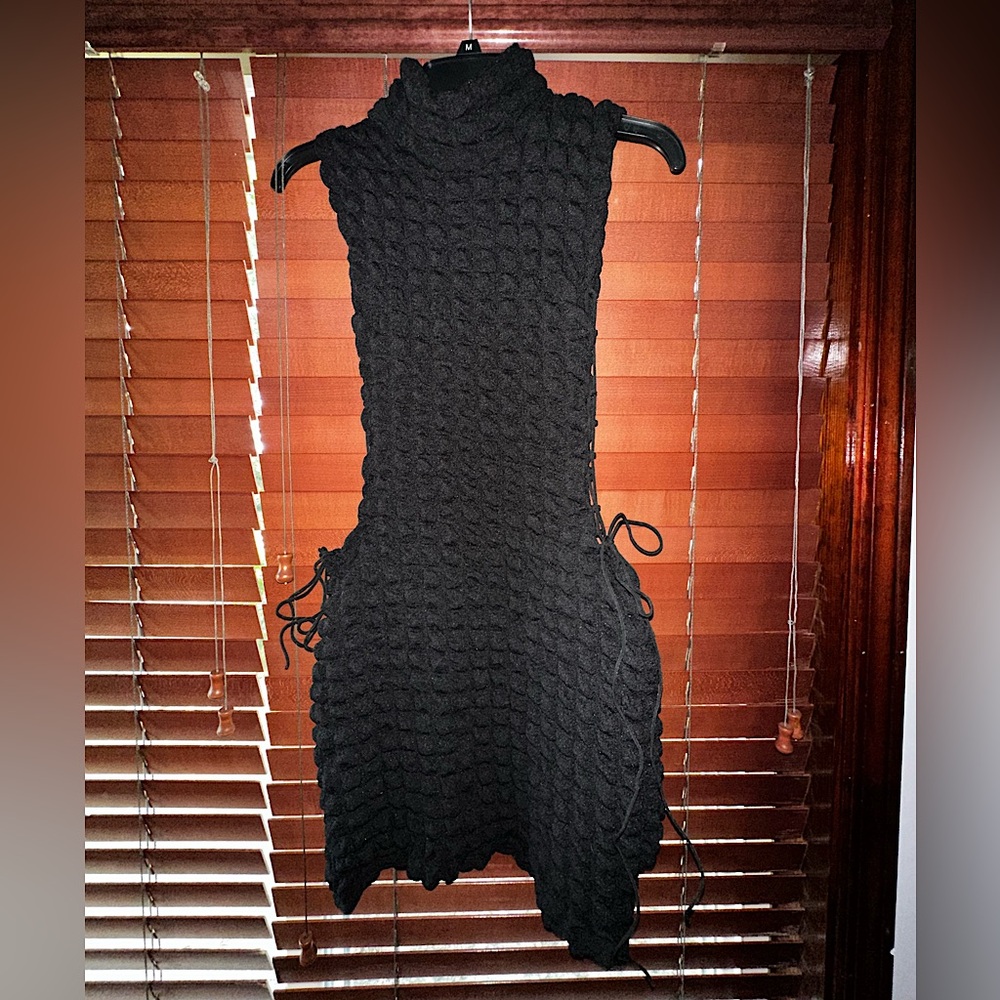 Waffle Knit Black Mini Dress with Side Cutout & Drawstrings